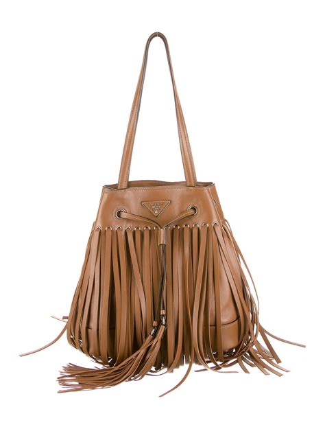 prada leather fringe bucket bag